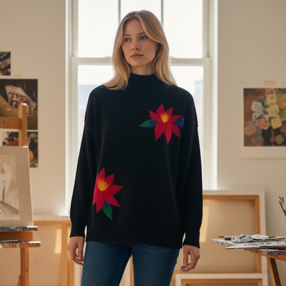 NWT Aaeda Turtleneck Sweater Poinsettia Flowers - Bold Floral Art Pullover Lar